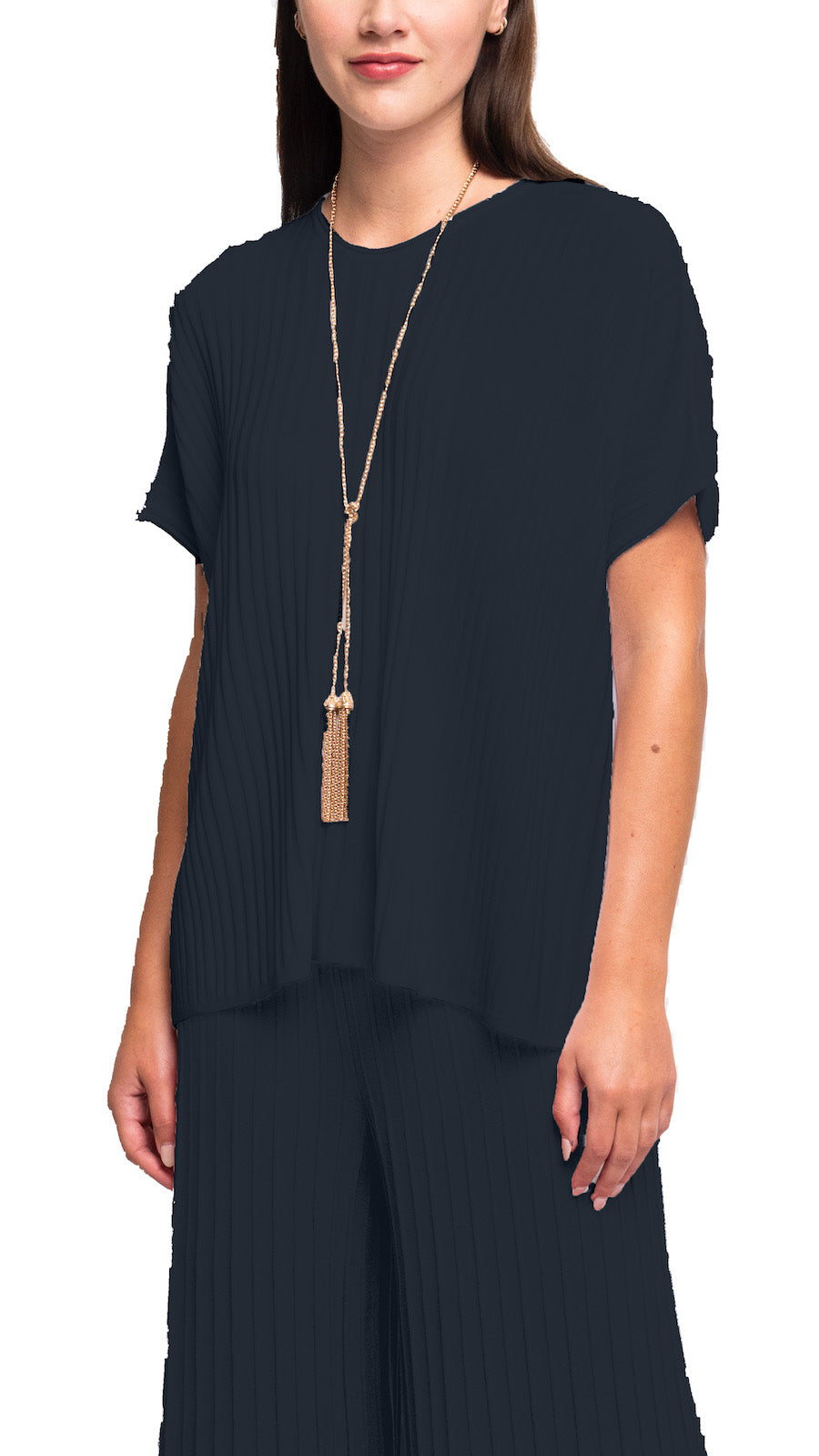 Black close-fitted dressy top for plus size women.