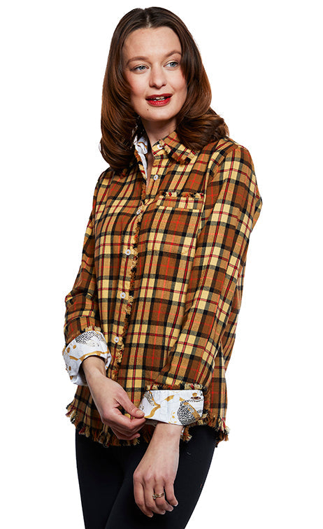 Dizzy-Lizzie Cape Cod Frayed Shirt - Chocolate Yarn-Dyed Flannel Plaid available at Barbara Katz