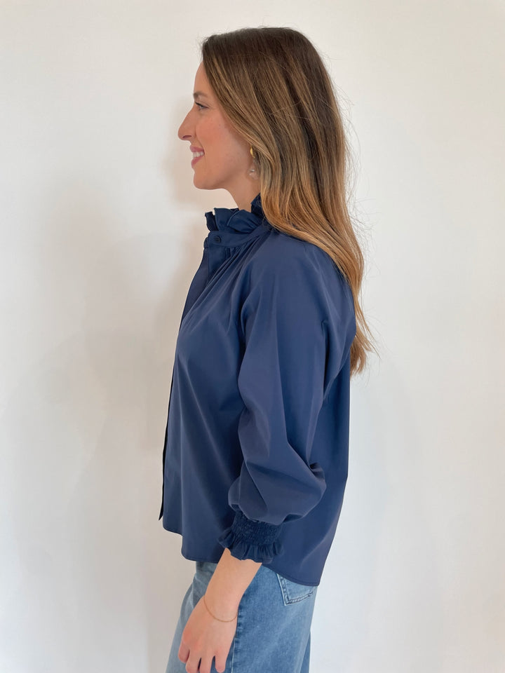 Finley Fiona Solid Silky Poplin 3/4 Sleeve Shirt in Navy available at Barbara Katz