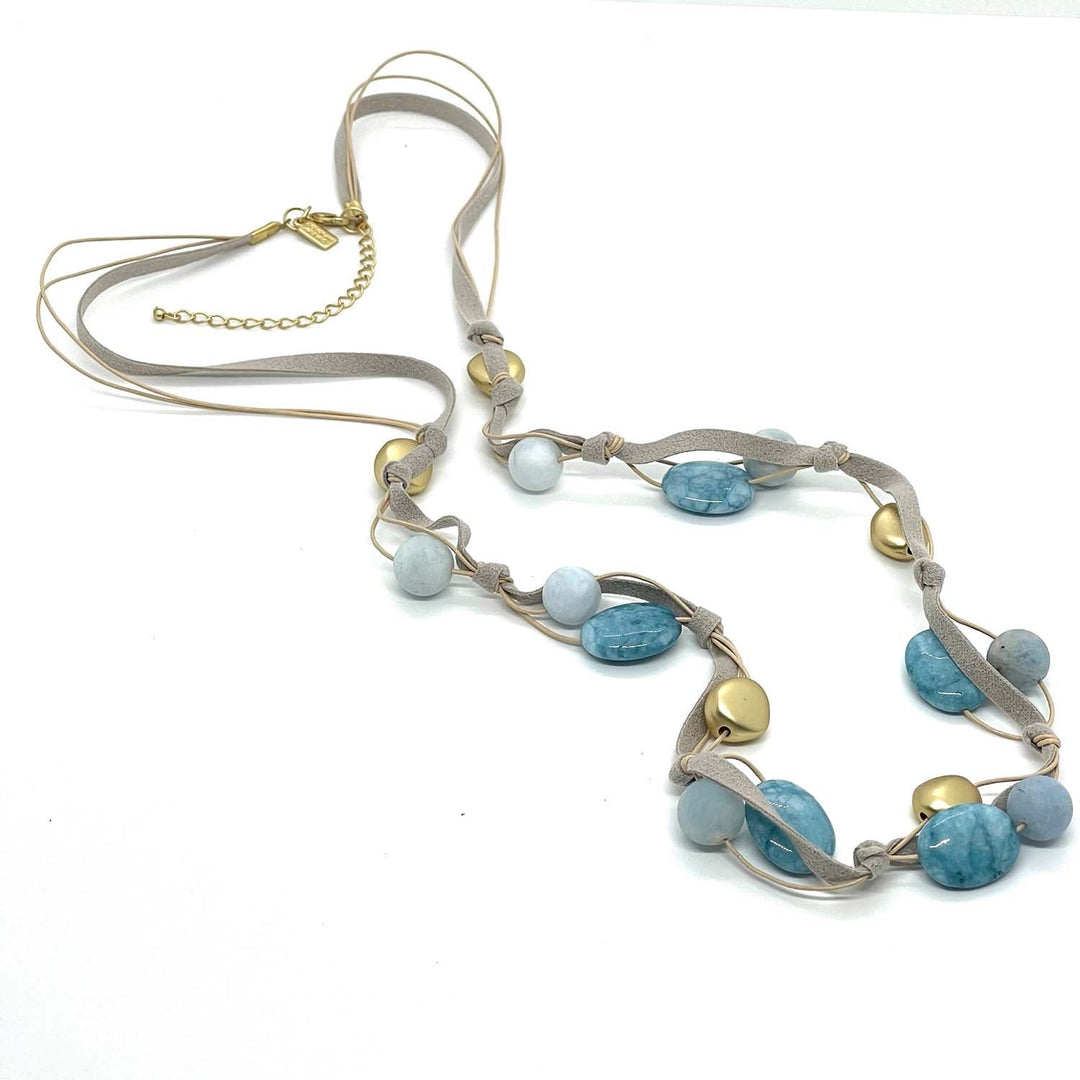 Deborah Grivas Matte Aquamarine With Larimar Oval Matte Gold Nugget Natural Suede and Putty Leather Layer Necklace