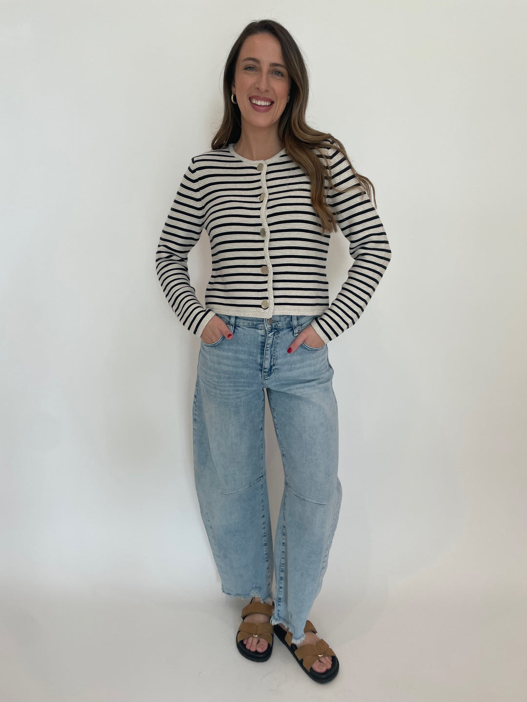 Oui Lindsey Stripe Cardigan in White/Blue paired with MAC Dakota Barrel Leg Jeans in Beached available at Barbara Katz