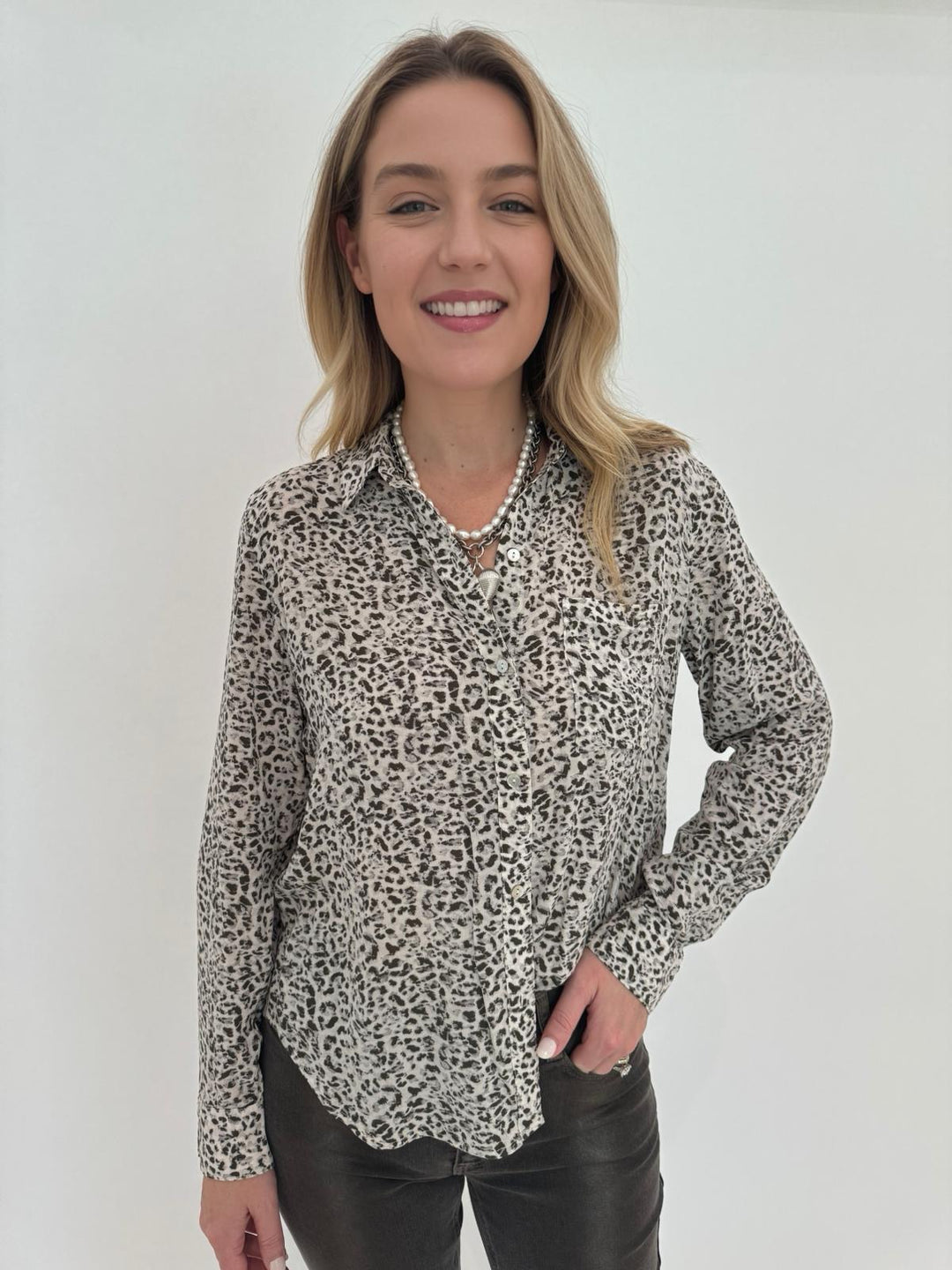 Rails Josephine Button-Front Shirt in Charcoal Watercolor Cheetah, 100% rayon shirt with animal-inspired print, natural shell buttons, chest pocket, long sleeves, and shirt collar