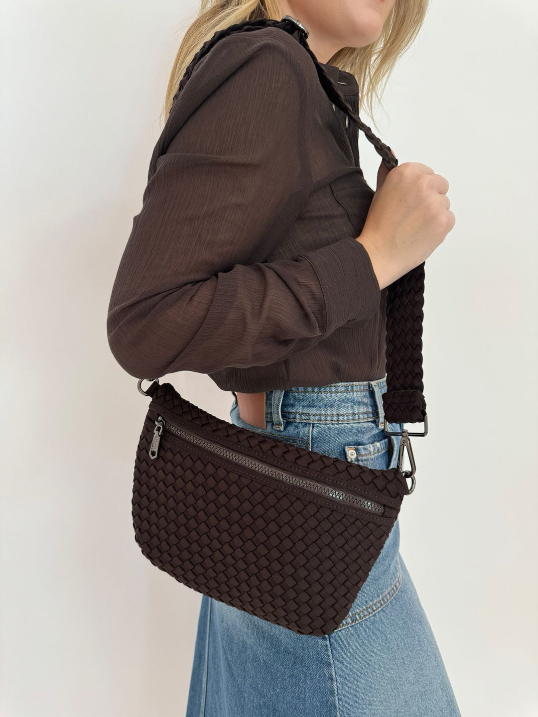 Sol and Selene Ethereal Woven Neoprene Bag in Chocolate available at Barbara Katz