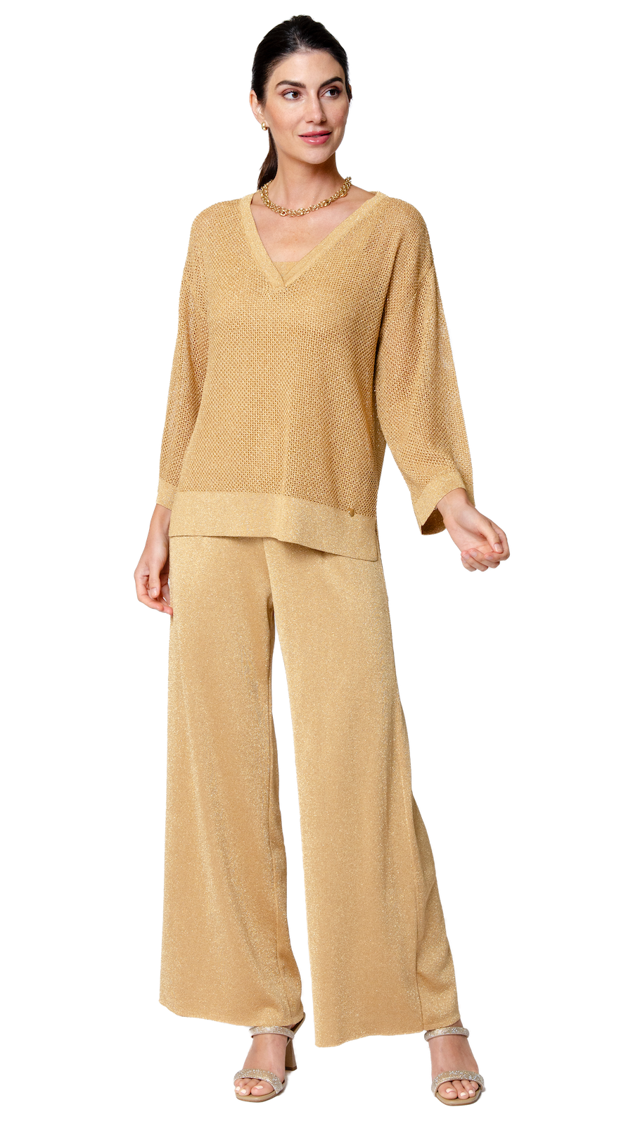 Biana Paola Wide Leg Shimmery Pant in Golden Sands available at Barbara Katz