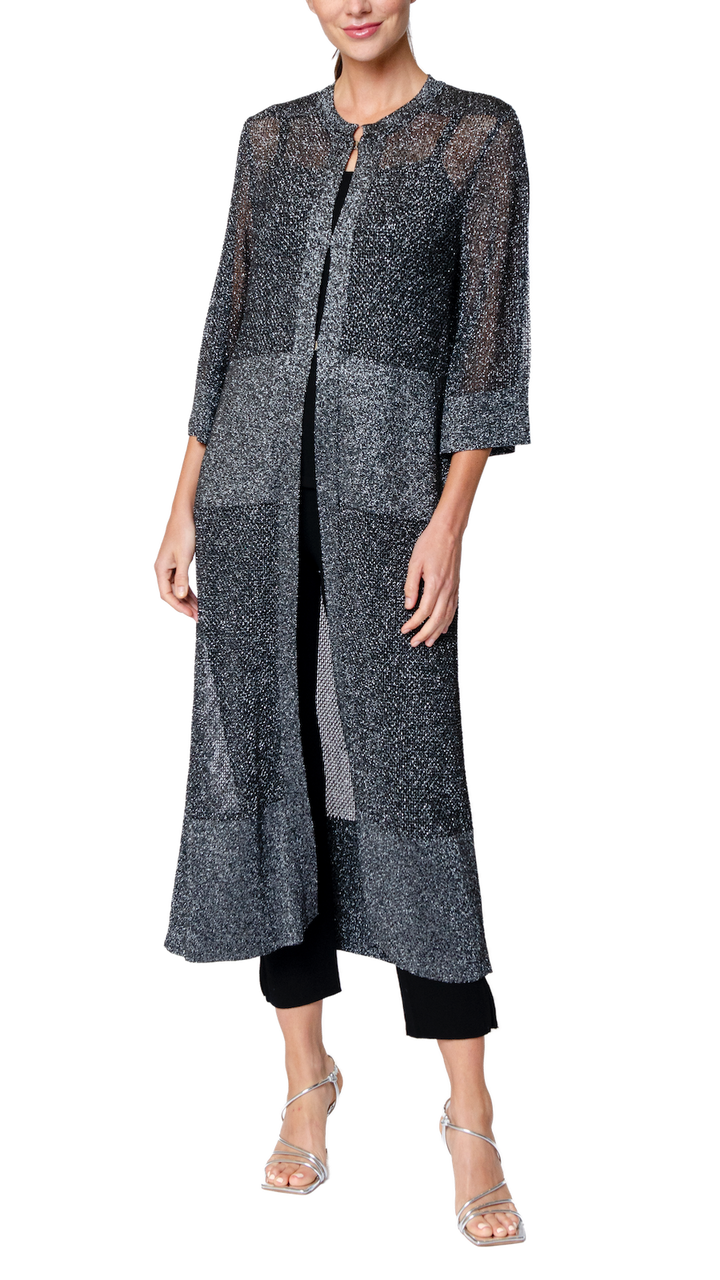 Biana Arianna Shimmery Mesh-Knit Duster Coat in Silver Black available at Barbara Katz