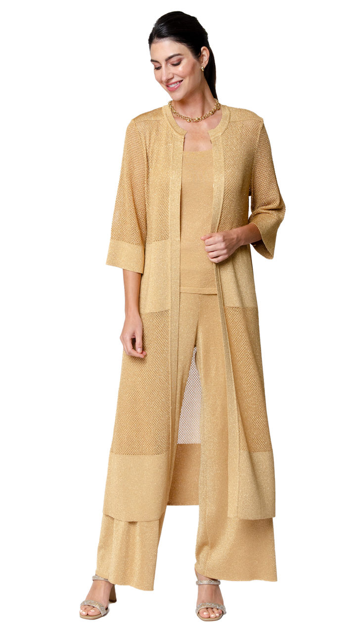 Biana Arianna Shimmery Mesh-Knit Duster Coat in Golden Sands available at Barbara Katz