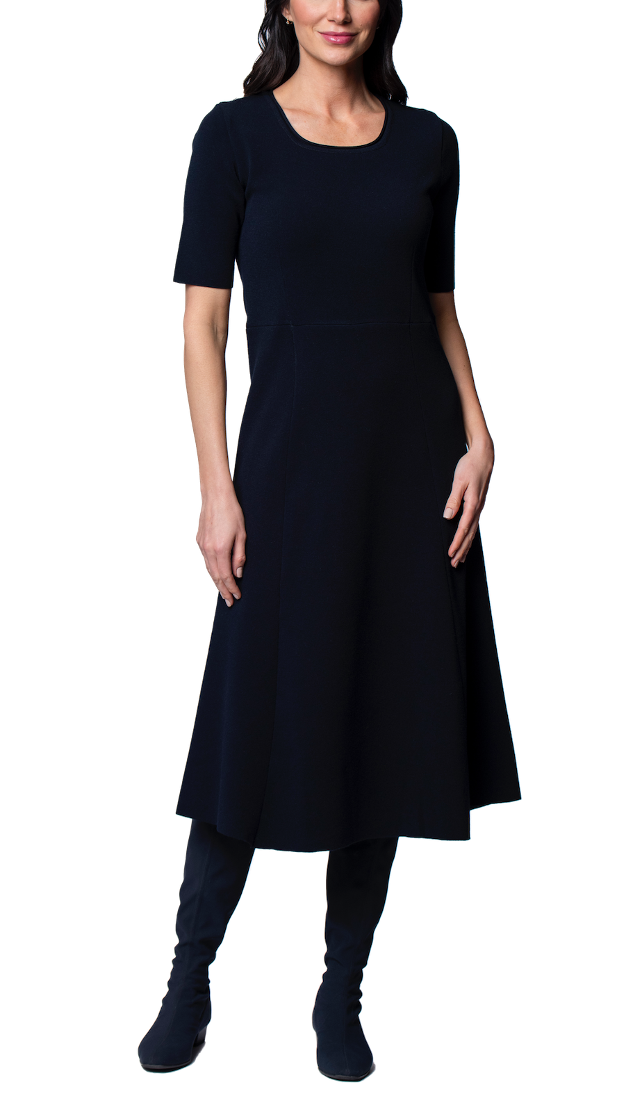 Biana Nora Milano Knit Short Sleeved Fit-And-Flare Midi Dress in Dark Navy available at Barbara Katz