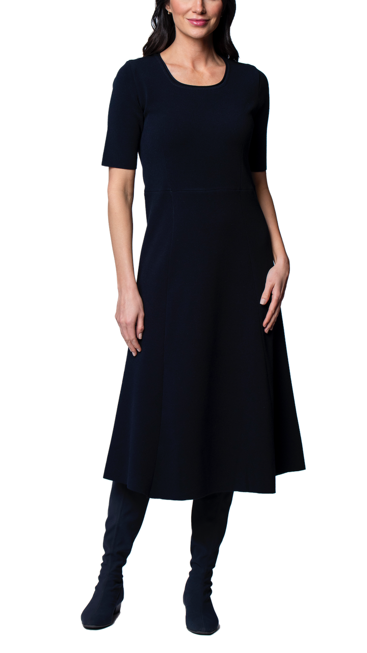 Biana Nora Milano Knit Short Sleeved Fit-And-Flare Midi Dress in Dark Navy available at Barbara Katz