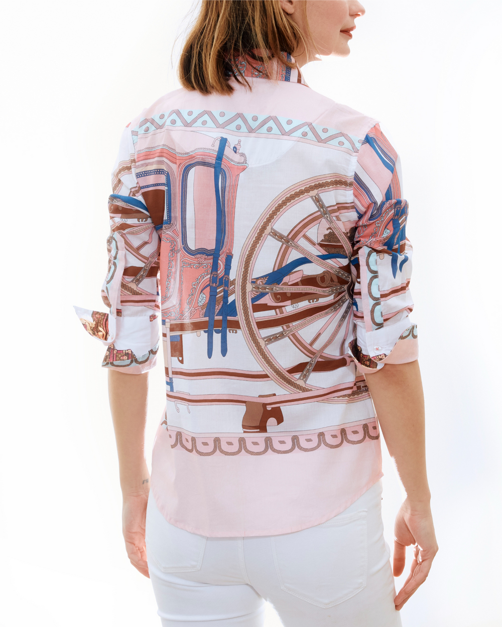 Dizzy-Lizzie Rome 3/4 Sleeve Shirt - Fuchsia Wagon Wheel available at Barbara Katz