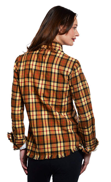 Dizzy-Lizzie Cape Cod Frayed Shirt - Chocolate Yarn-Dyed Flannel Plaid available at Barbara Katz