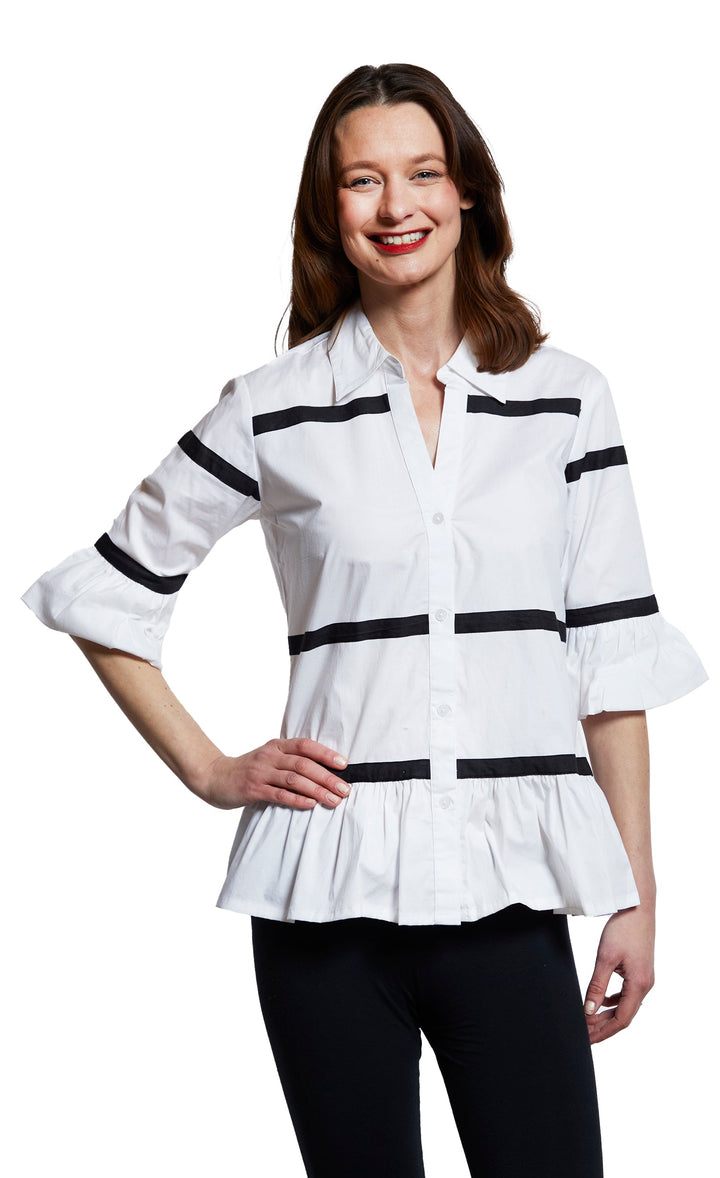 Dizzy-Lizzie Lexington Peplum Top - White With Ribbon Trim available at Barbara Katz