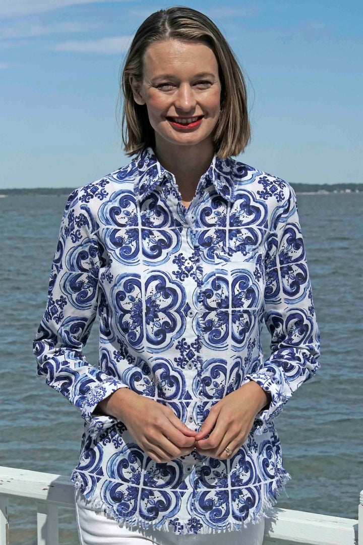 Dizzy-Lizzie Cape Cod Frayed Shirt - Blue White Tile Print available at Barbara Katz