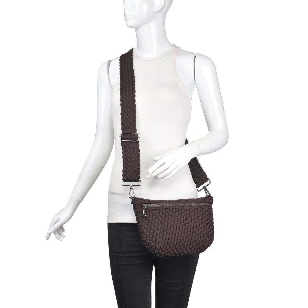 Sol and Selene Ethereal Woven Neoprene Crossbody Bag in Chocolate available at Barbara Katz