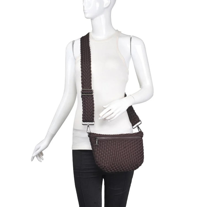 Sol and Selene Ethereal Woven Neoprene Crossbody Bag in Chocolate available at Barbara Katz