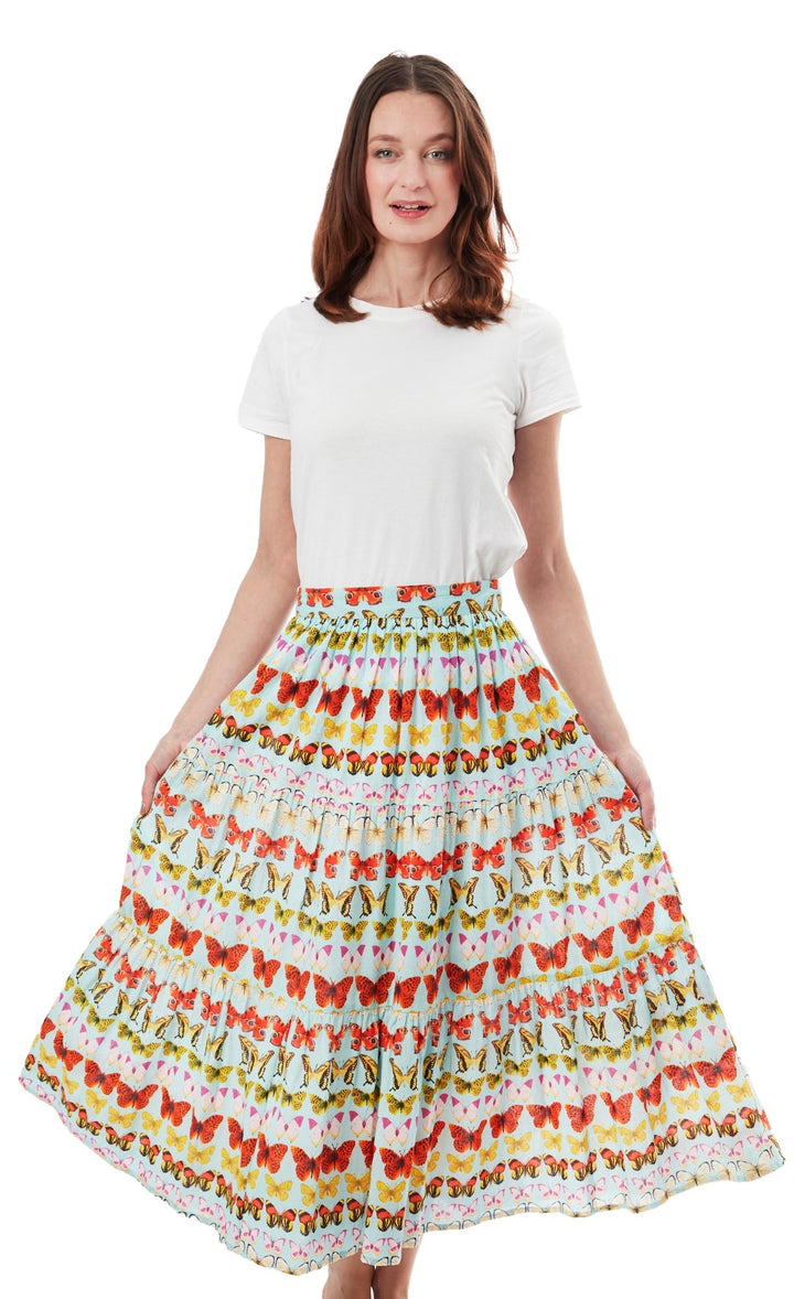 Dizzy-Lizzie Woodstock Midi Skirt - White With Butterflies available at Barbara Katz