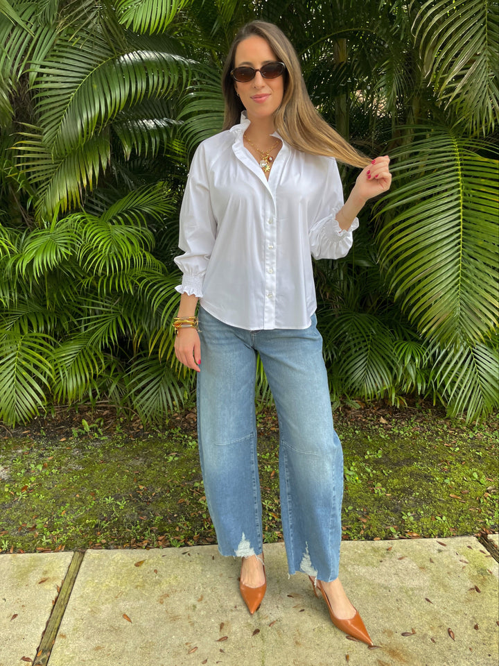 Finley Fiona Solid Silky Poplin Shirt in White paired with MAC Denim Dakota Barrel Leg Jeans in Medium Denim available at Barbara Katz