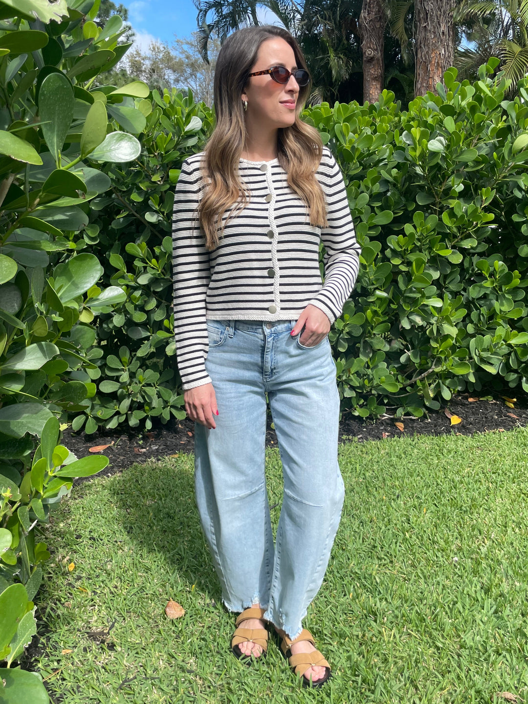 Oui Lindsey Stripe Cardigan in White/Blue paired with MAC Denim Dakota Barrel Leg Jeans in Beached available at Barbara Katz