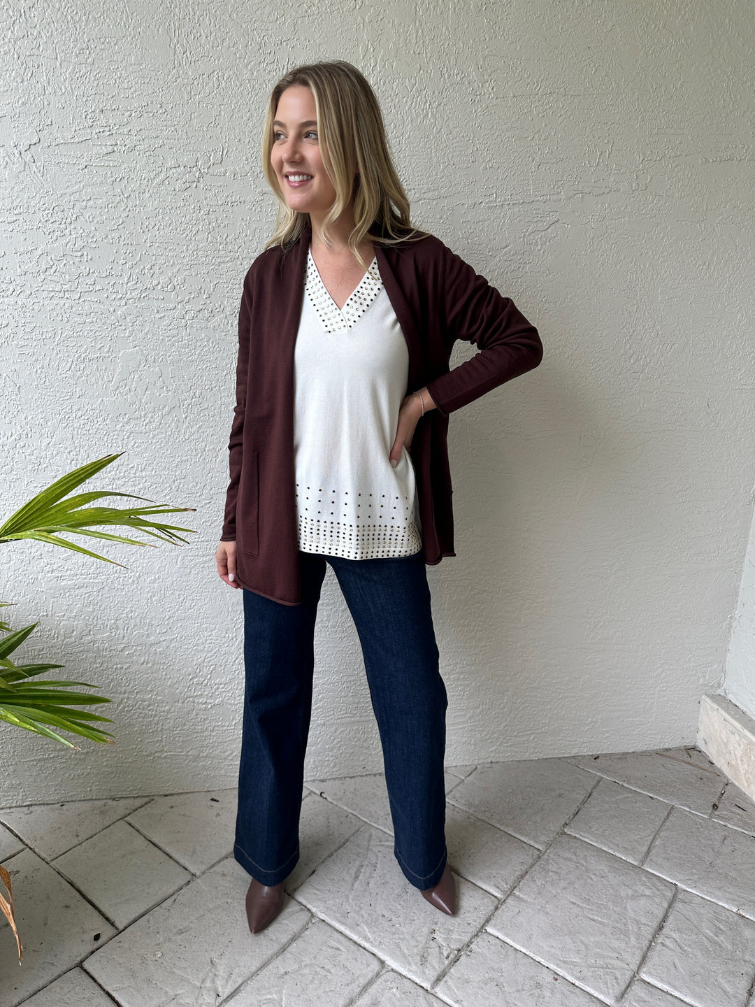 BK Olivia Long Open Cardigan in Espresso with White Leo & Ugo V-Neck Rhinestone Grommet Top, paired with MAC Indigo Dark Dream Wide Jeans - all available at Barbara Katz