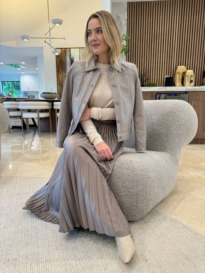 Generation Love Elsie Crystal Sweater in Beige layered with Marella Monochrome Leggio Jacket in Turtledove, paired with Marella Agente Pleated Skirt in Turtledove - all available at Barbara Katz