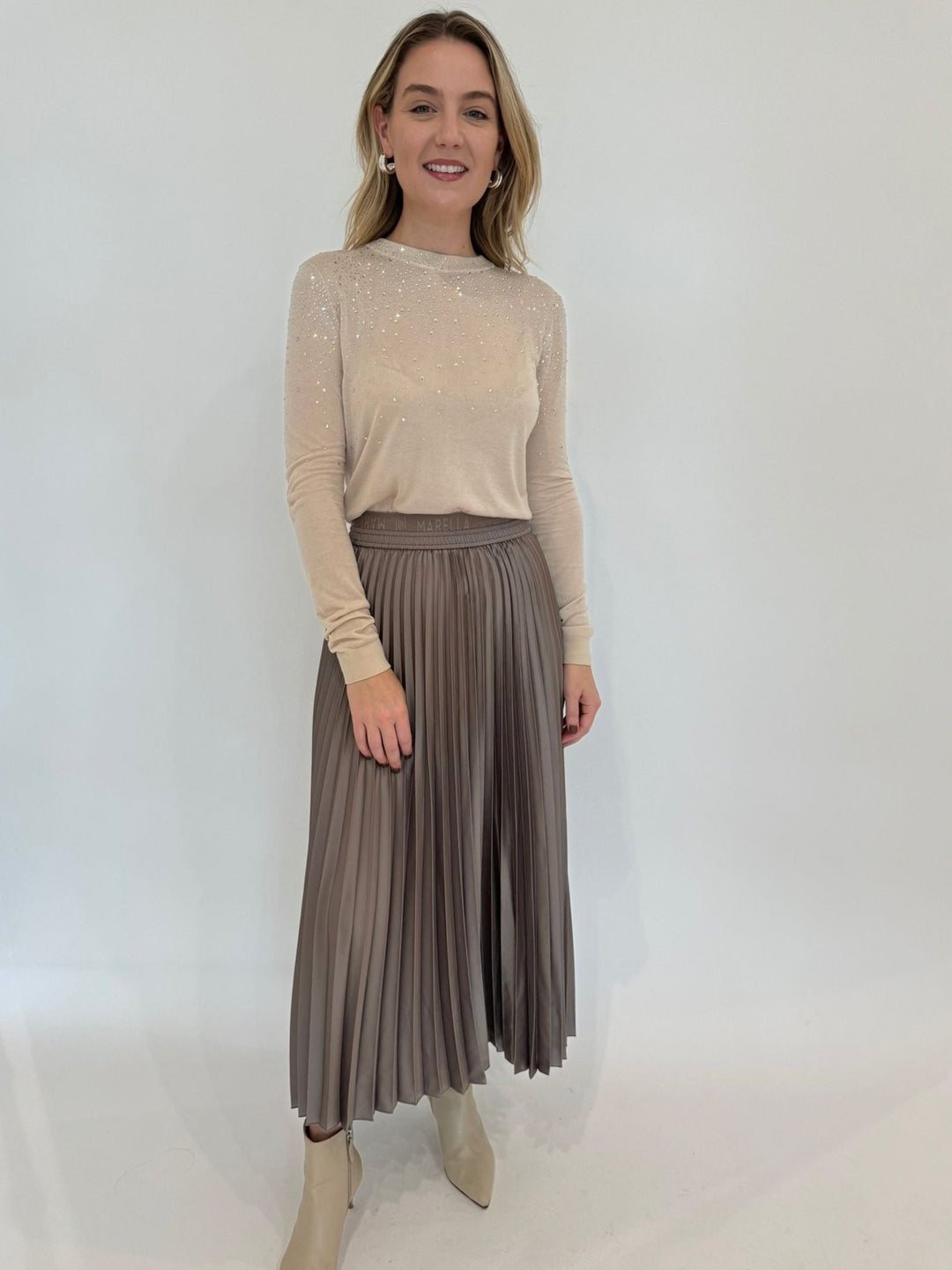 Generation Love Elsie Crystal Sweater in Beige paired with Marella Monochrome Agente Pleated Skirt in Turtledove available at Barbara Katz