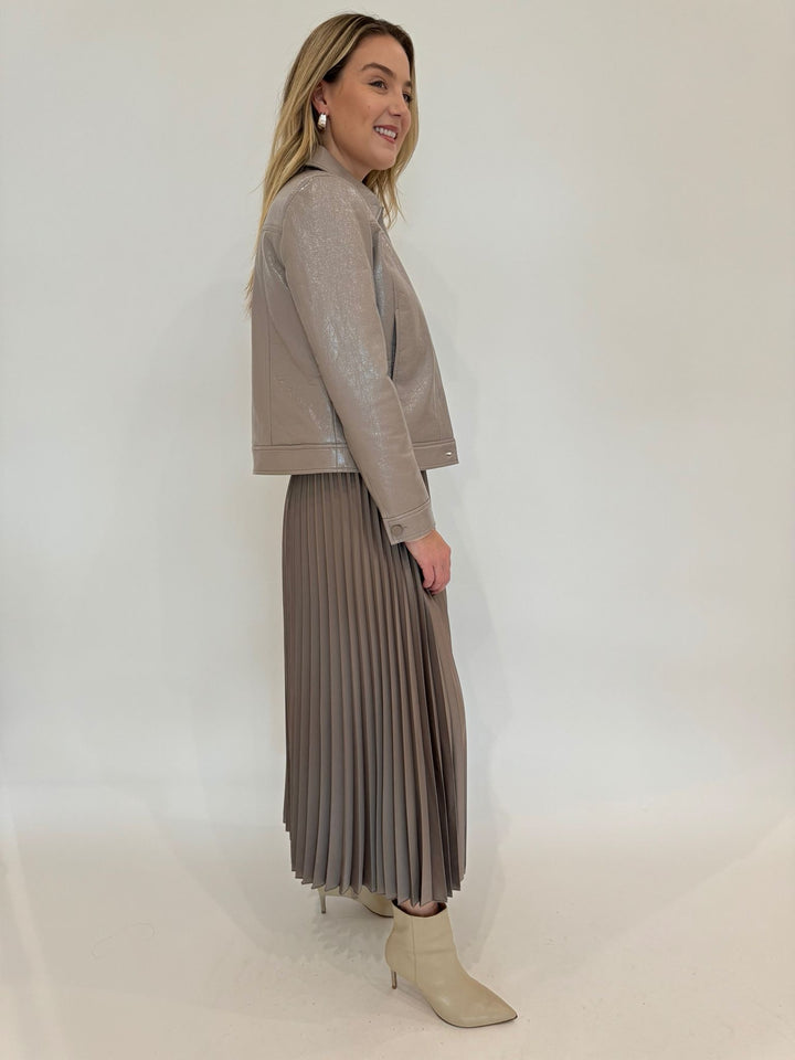 Marella Monochrome Leggio Jacket in Turtledove paired with Agente Pleated Skirt - all available at Barbara Katz