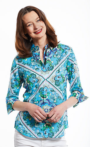 Dizzy-Lizzie Rome Shirt With 3/4 Sleeves in 70's Print, with point collar, button front closures, and rounded hem