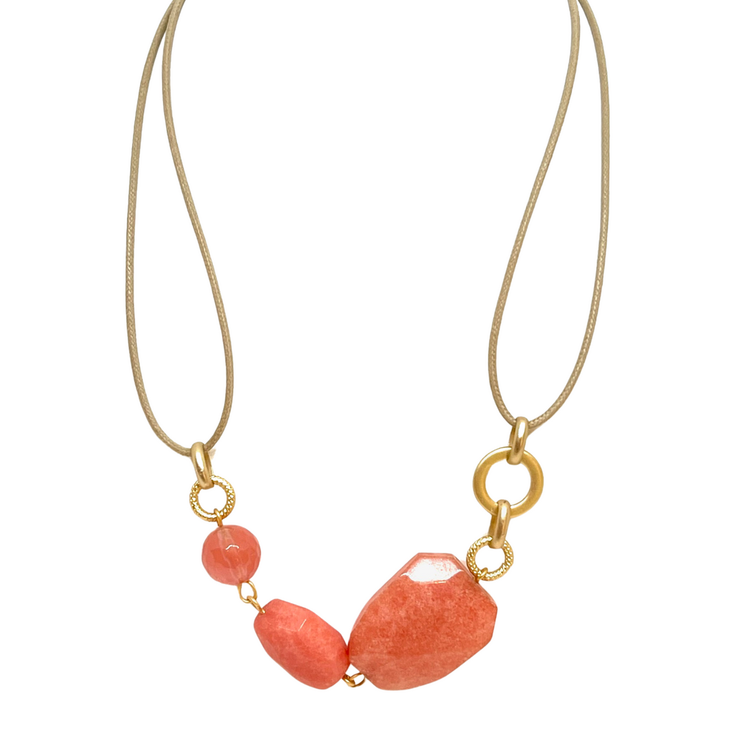 Deborah Grivas Peach Quartz and Matte Gold Linked Necklace on Natural Linen