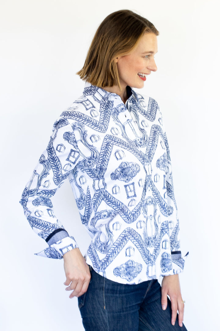 Dizzy-Lizzie Rome Long Sleeve Shirt - Indigo/White Oversized Buckle Print available at Barbara Katz