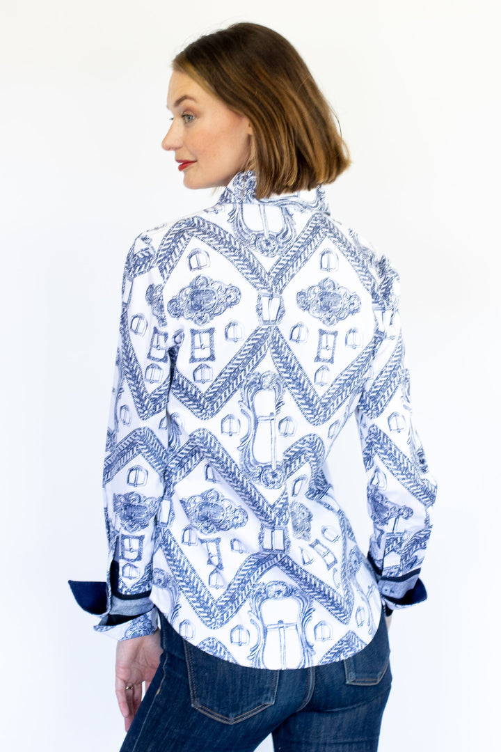 Dizzy-Lizzie Rome Long Sleeve Shirt - Indigo/White Oversized Buckle Print available at Barbara Katz