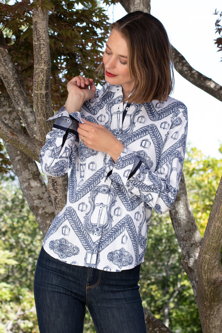 Dizzy-Lizzie Rome Long Sleeve Shirt - Indigo/White Oversized Buckle Print available at Barbara Katz