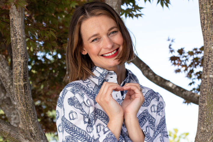 Dizzy-Lizzie Rome Long Sleeve Shirt - Indigo/White Oversized Buckle Print available at Barbara Katz