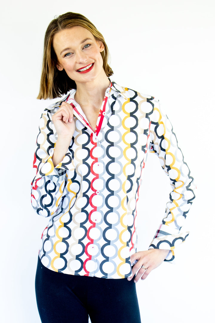 Dizzy-Lizzie Rome Long Sleeve Shirt - Fall Colors in Olympic Ring Print available at Barbara Katz