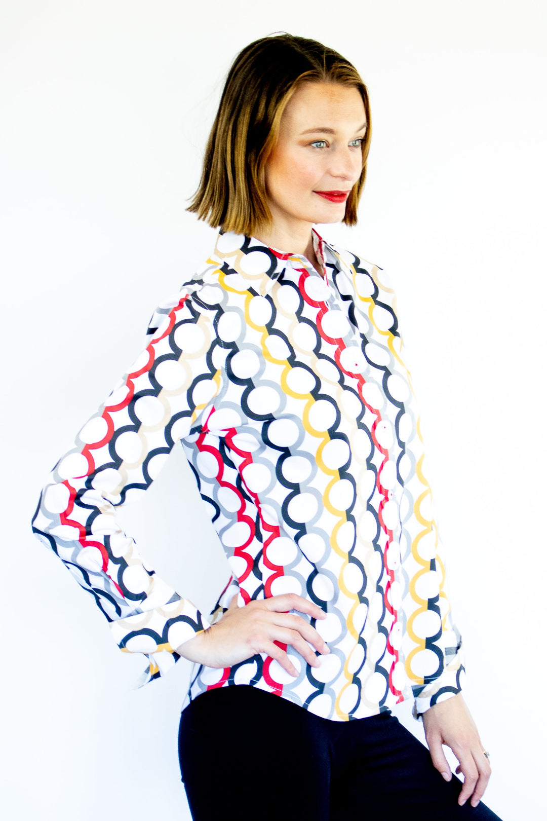 Dizzy-Lizzie Rome Long Sleeve Shirt - Fall Colors in Olympic Ring Print available at Barbara Katz