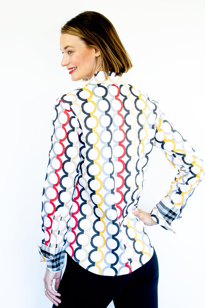 Dizzy-Lizzie Rome Long Sleeve Shirt - Fall Colors in Olympic Ring Print available at Barbara Katz