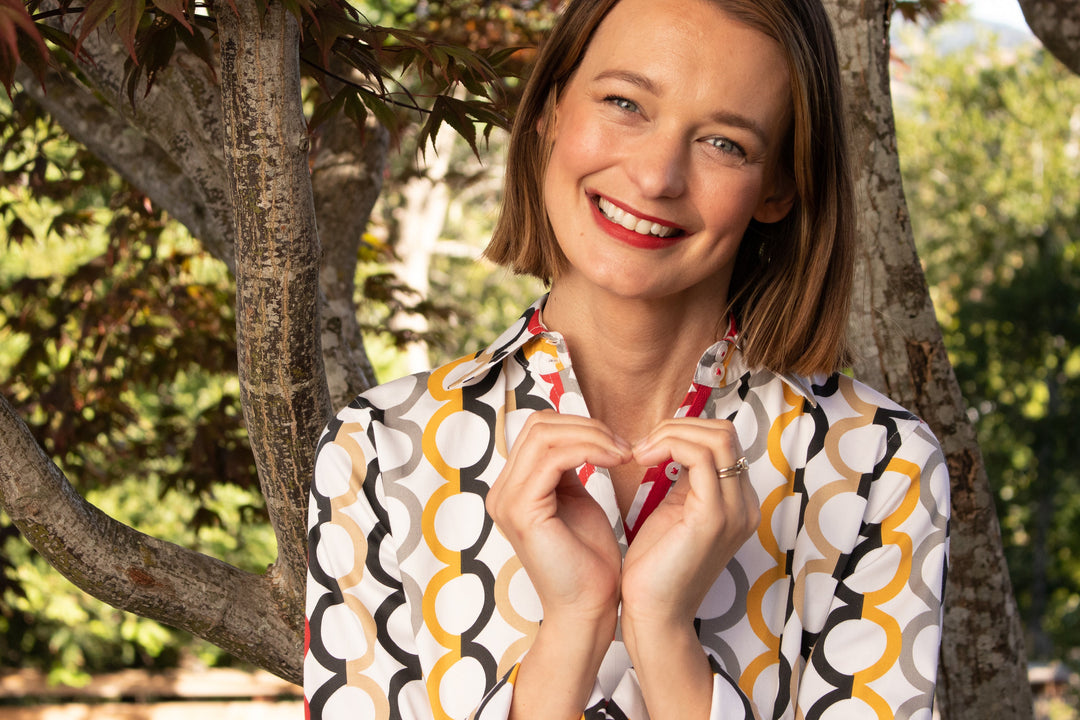 Dizzy-Lizzie Rome Long Sleeve Shirt - Fall Colors in Olympic Ring Print available at Barbara Katz