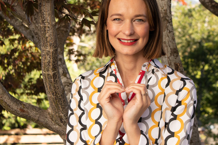 Dizzy-Lizzie Rome Long Sleeve Shirt - Fall Colors in Olympic Ring Print available at Barbara Katz