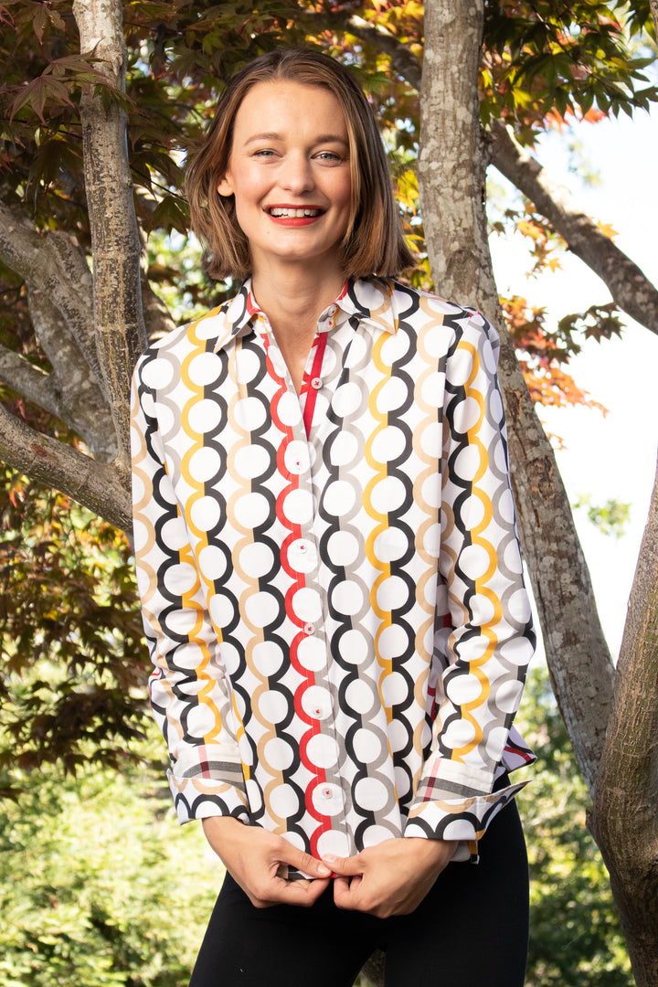 Dizzy-Lizzie Rome Long Sleeve Shirt - Fall Colors in Olympic Ring Print available at Barbara Katz