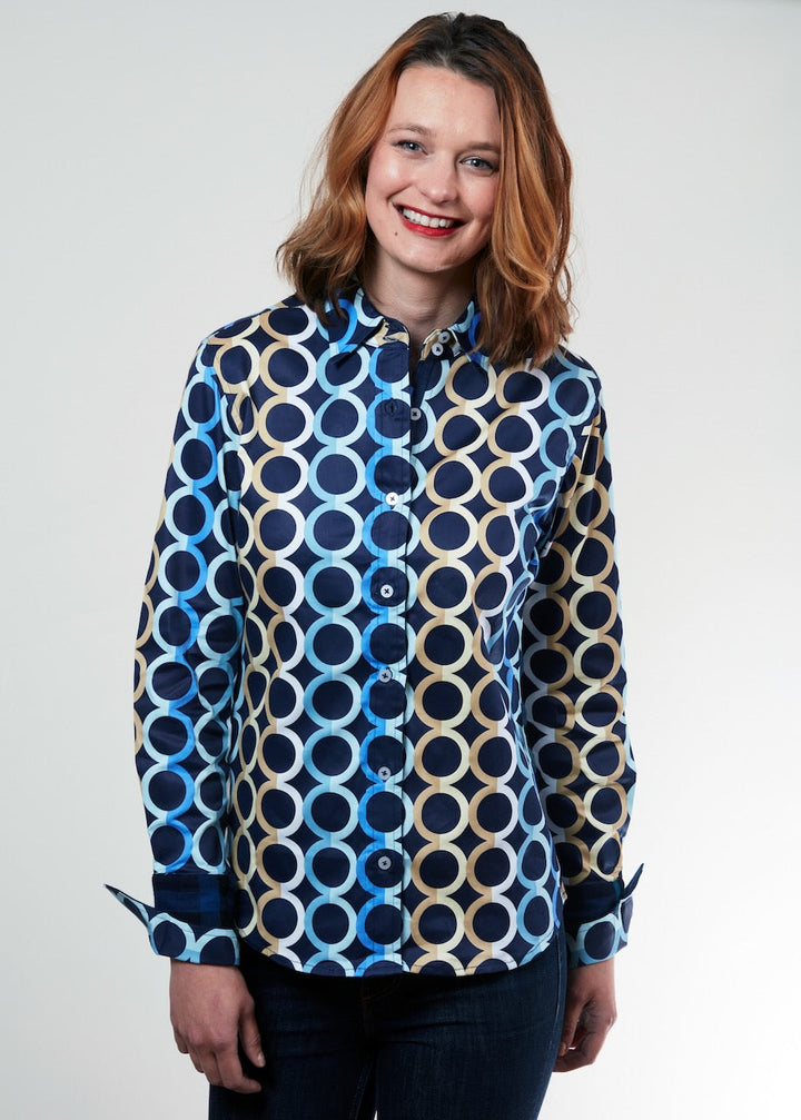 Dizzy-Lizzie Rome Long Sleeve Shirt - Navy Ground Olympic Print available at Barbara Katz