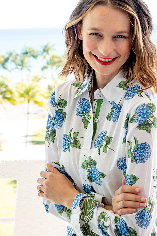 Dizzy-Lizzie Rome Long Sleeve Shirt - White With Hydrangea Print available at Barbara Katz