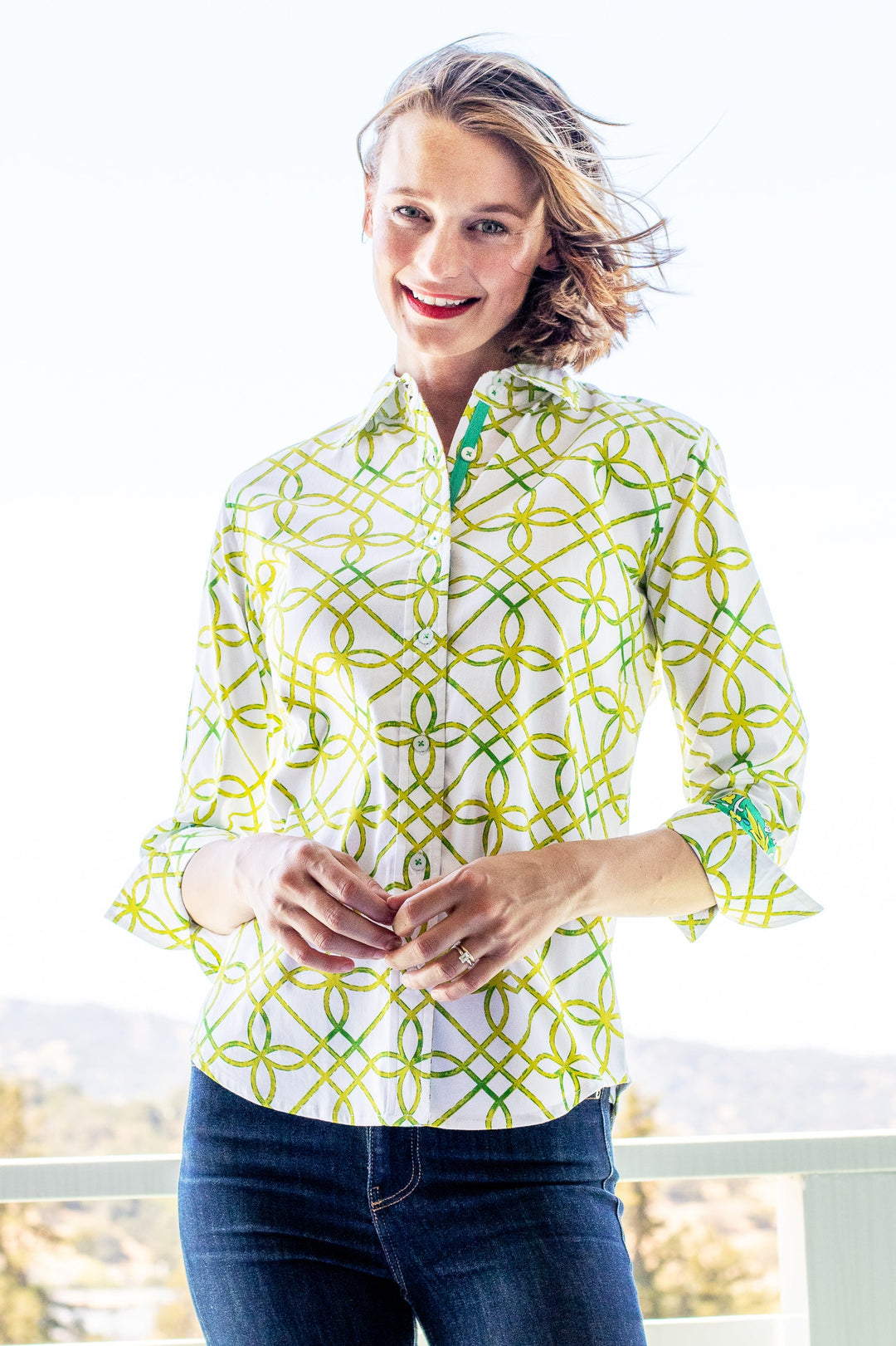 Dizzy-Lizzie Rome 3/4 Sleeve Shirt - Green and White Geo available at Barbara Katz