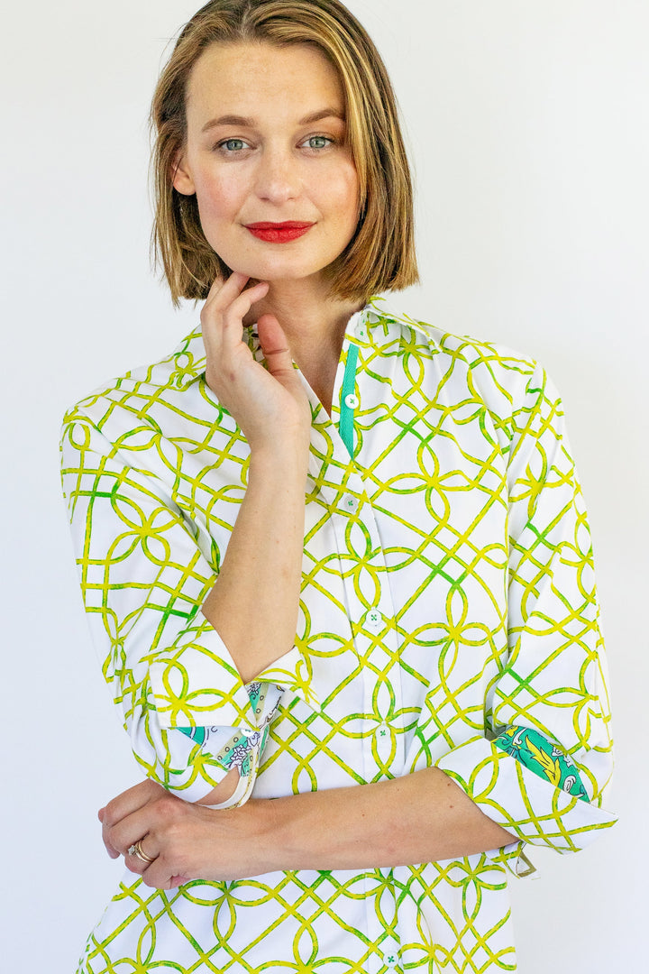 Dizzy-Lizzie Rome 3/4 Sleeve Shirt - Green and White Geo available at Barbara Katz