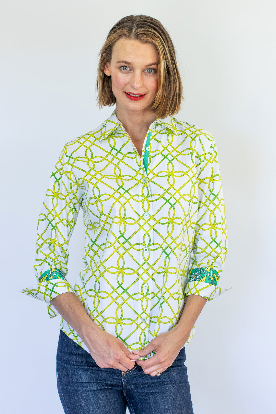 Dizzy-Lizzie Rome 3/4 Sleeve Shirt - Green and White Geo available at Barbara Katz