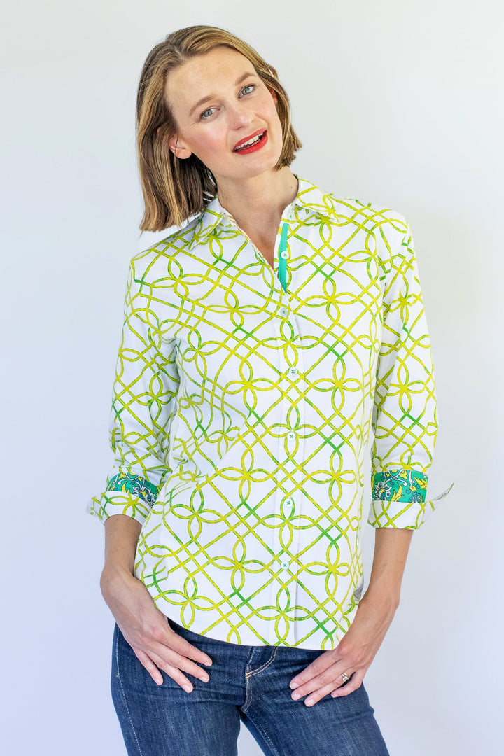 Dizzy-Lizzie Rome 3/4 Sleeve Shirt - Green and White Geo available at Barbara Katz