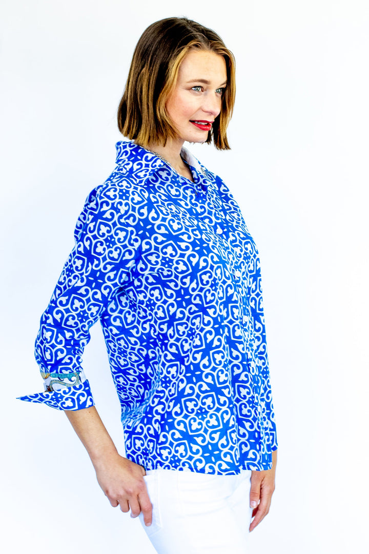 Dizzy-Lizzie Rome 3/4 Sleeve Shirt - Cobalt Blue & White Geometric Print available at Barbara Katz