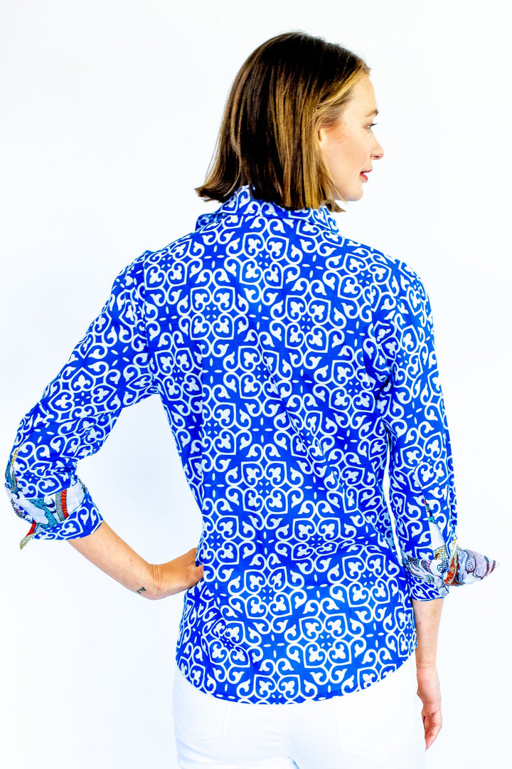 Dizzy-Lizzie Rome 3/4 Sleeve Shirt - Cobalt Blue & White Geometric Print available at Barbara Katz