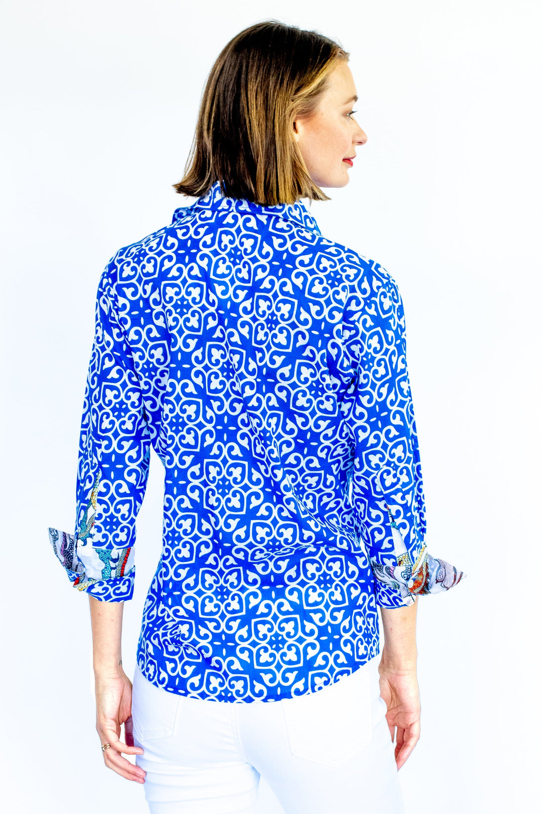 Dizzy-Lizzie Rome 3/4 Sleeve Shirt - Cobalt Blue & White Geometric Print available at Barbara Katz