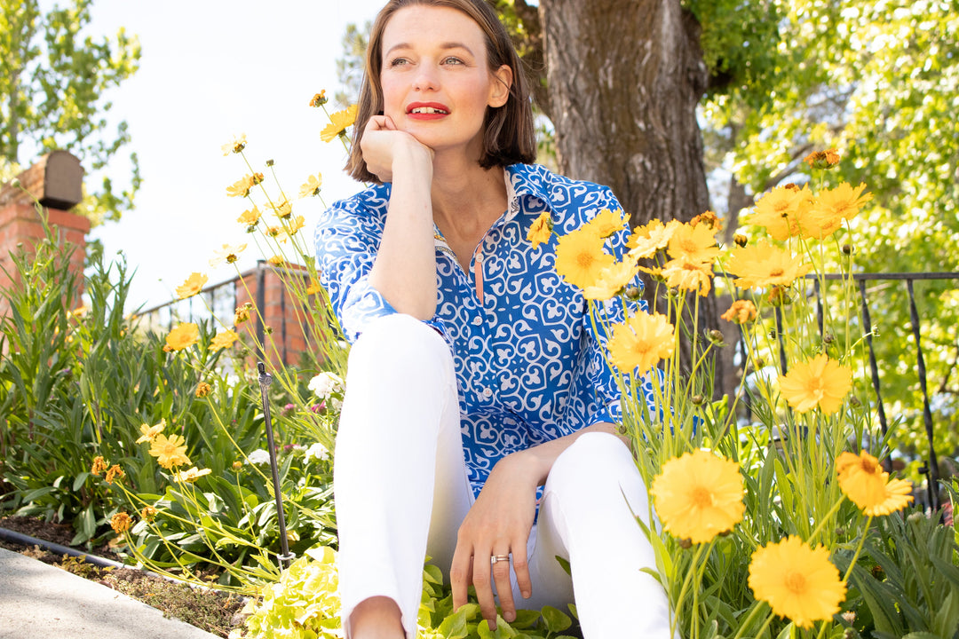 Dizzy-Lizzie Rome 3/4 Sleeve Shirt - Cobalt Blue & White Geometric Print available at Barbara Katz