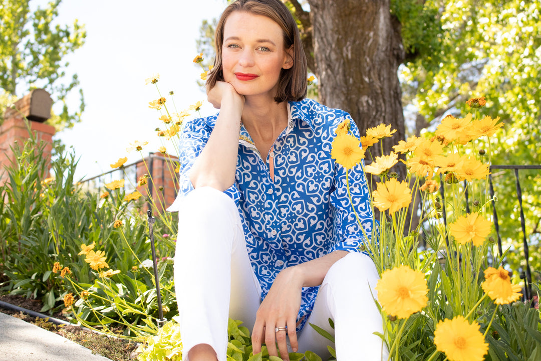 Dizzy-Lizzie Rome 3/4 Sleeve Shirt - Cobalt Blue & White Geometric Print available at Barbara Katz