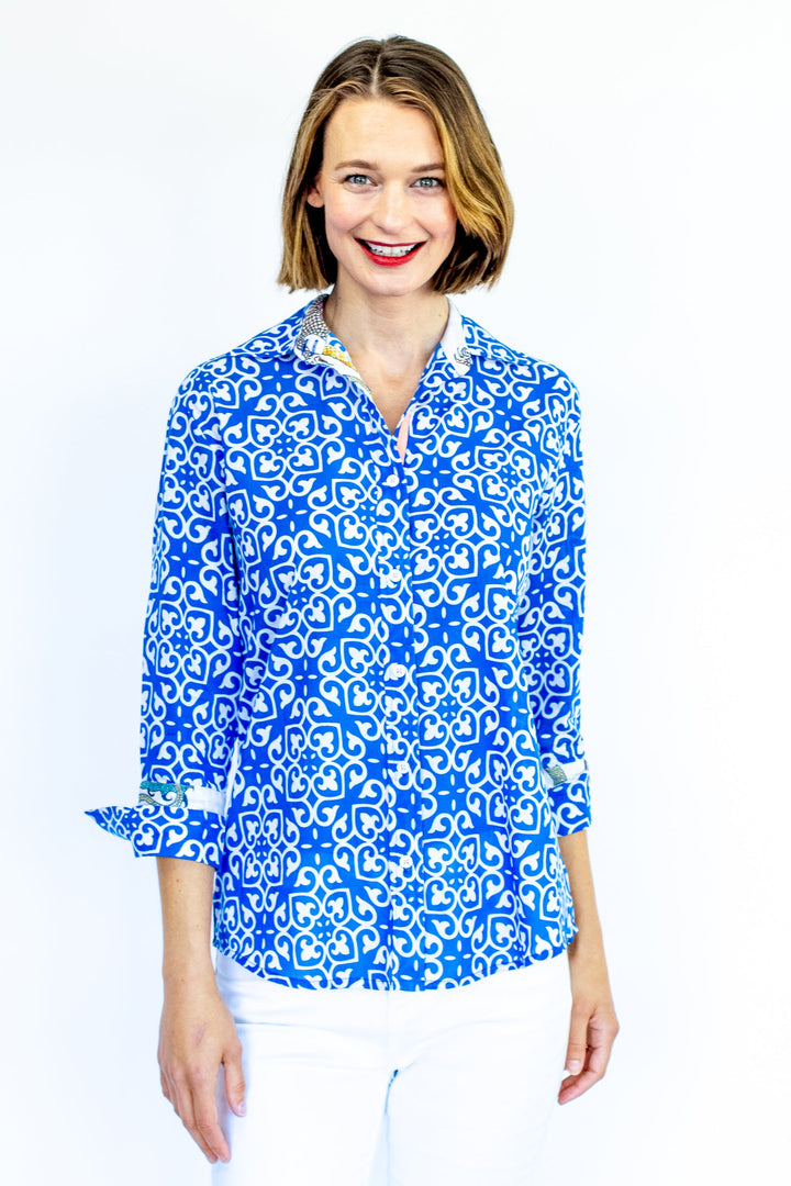 Dizzy-Lizzie Rome 3/4 Sleeve Shirt - Cobalt Blue & White Geometric Print available at Barbara Katz