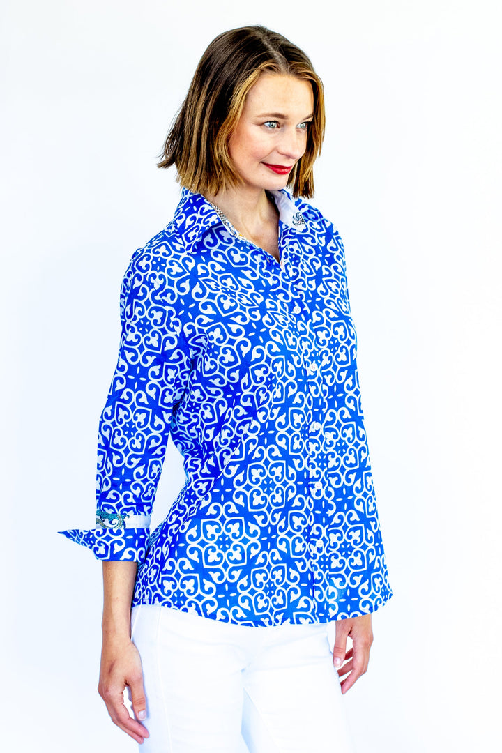 Dizzy-Lizzie Rome 3/4 Sleeve Shirt - Cobalt Blue & White Geometric Print available at Barbara Katz